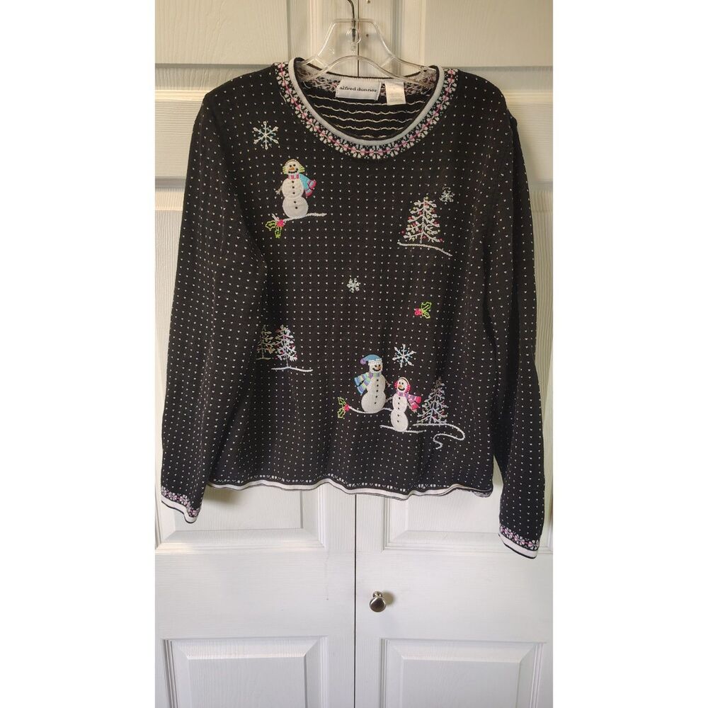 Alfred Dunner Women's Festive Snowman & Christmas Tree Black Knit Sweater XL
